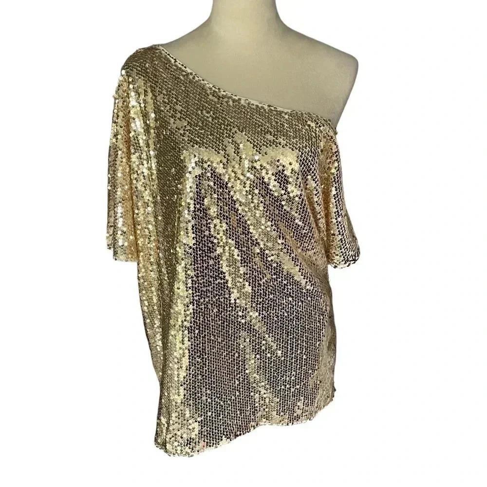 Shein Sequin Golden One Shoulder Feminine Top Women Size XL